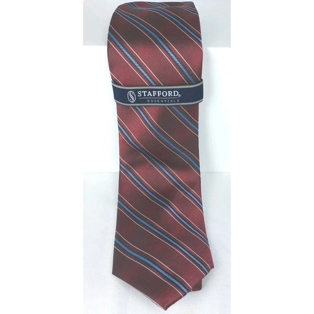 Stafford Essentials Striped Tie Burgundy Wine Maroon Blue Silk Necktie New 3.5